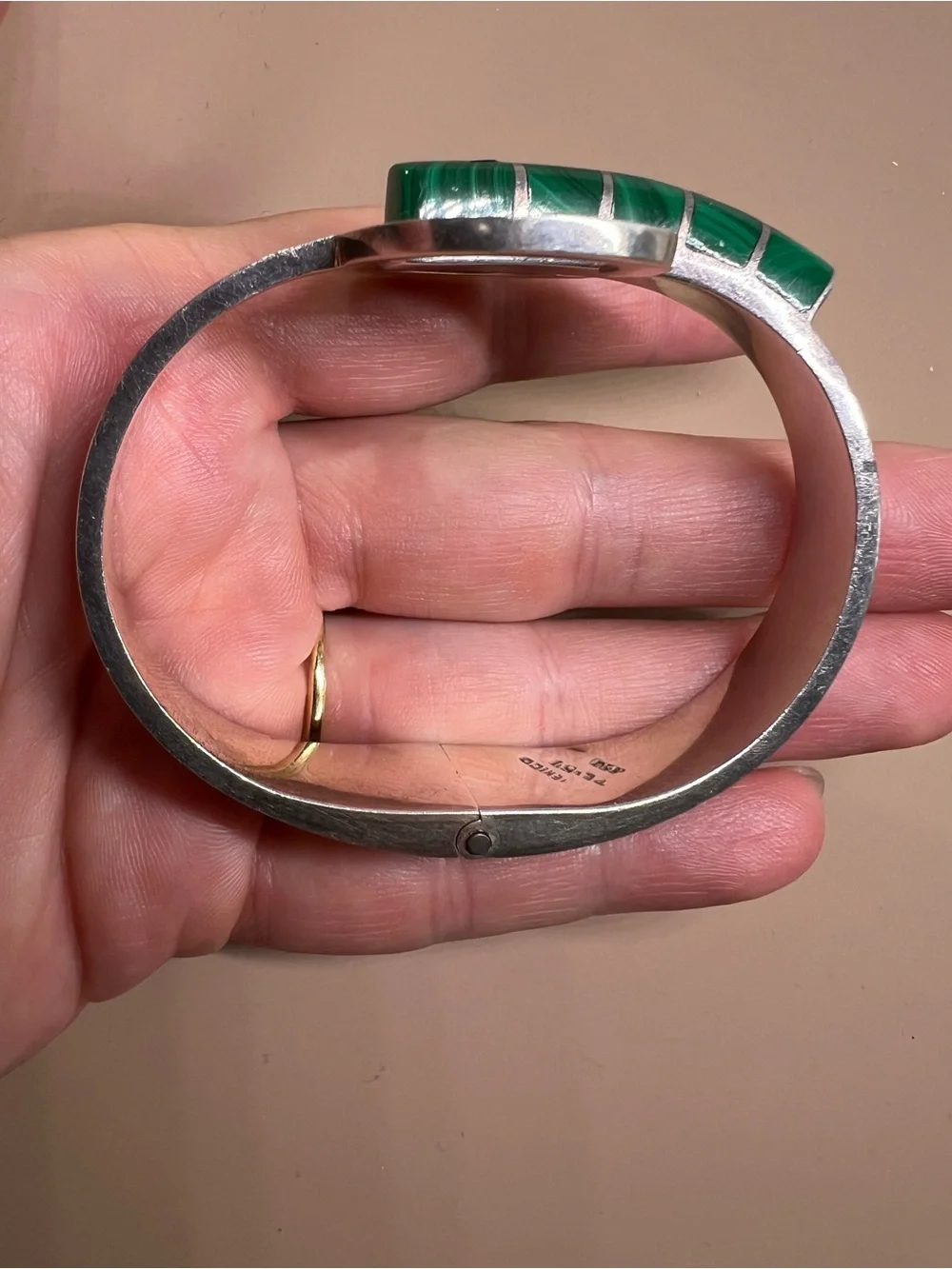 950 Silver Cuff Bracelet with Green Malachite Inlay